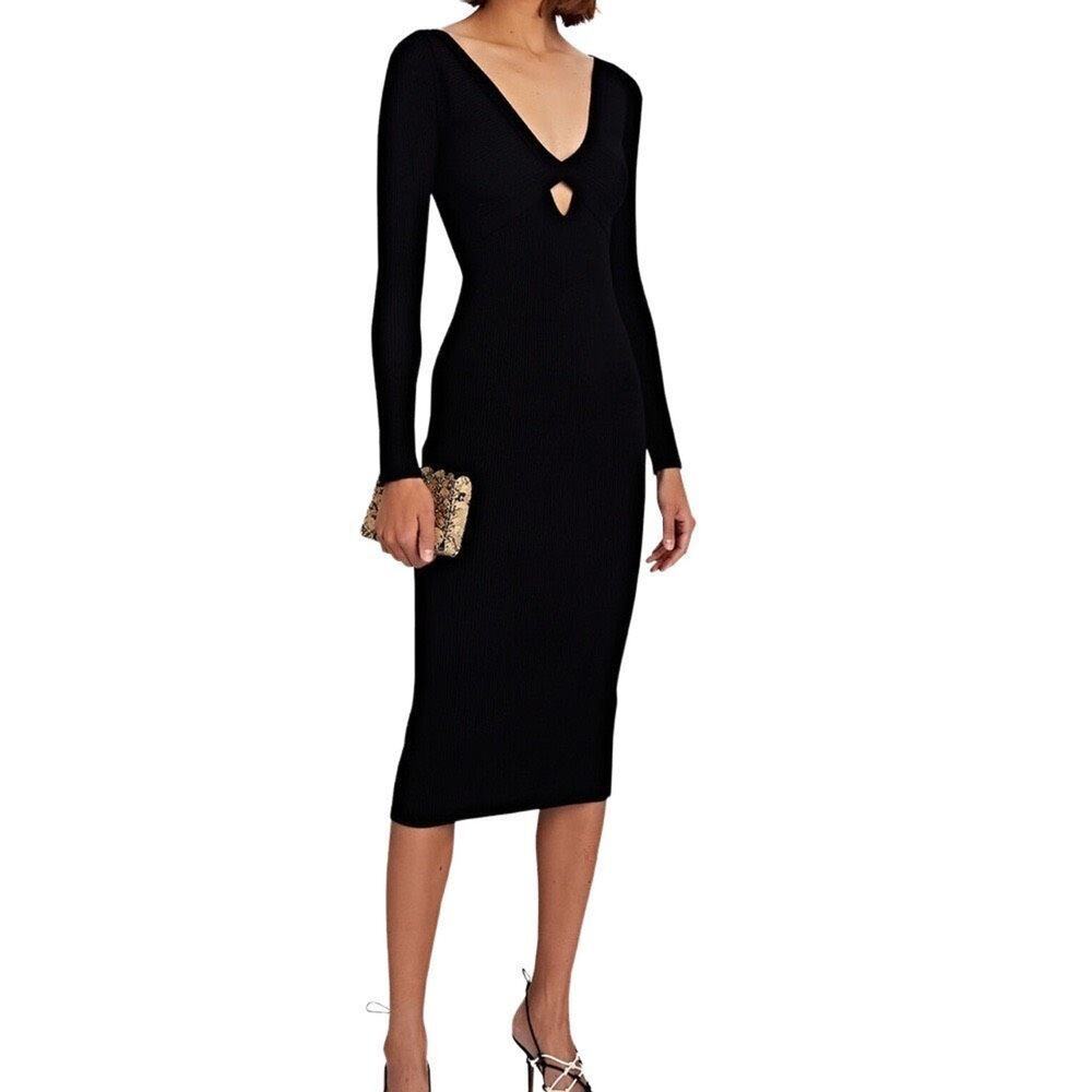 INTERMIX Imogen Cut-Out Knit Midi Dress Black Large NWOT